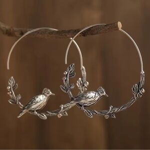 Vintage Bird Hoop Silver Earrings